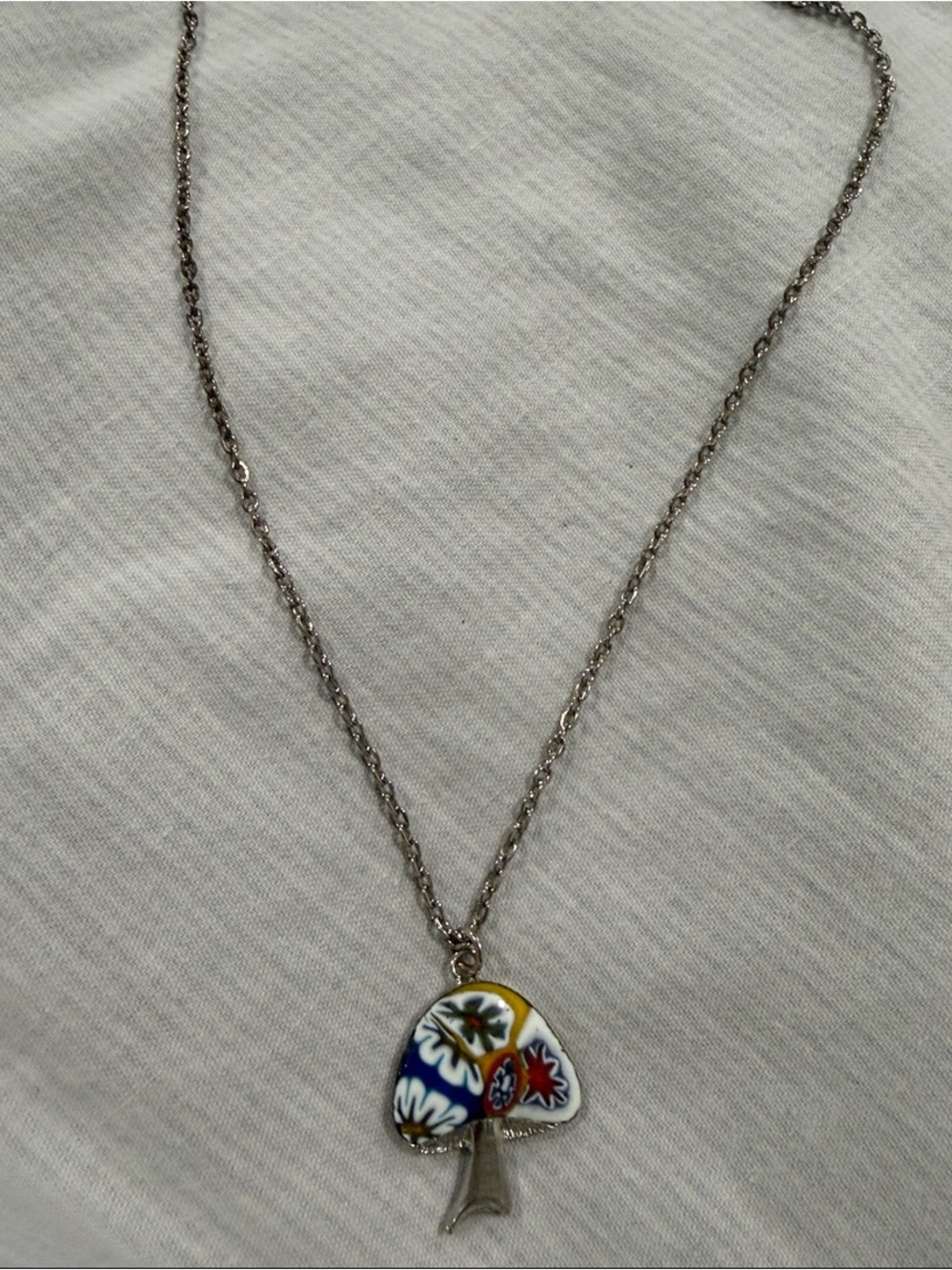 Vintage Multicolor Enamel Mushroom Pendant Necklace - Silver-Tone Chain